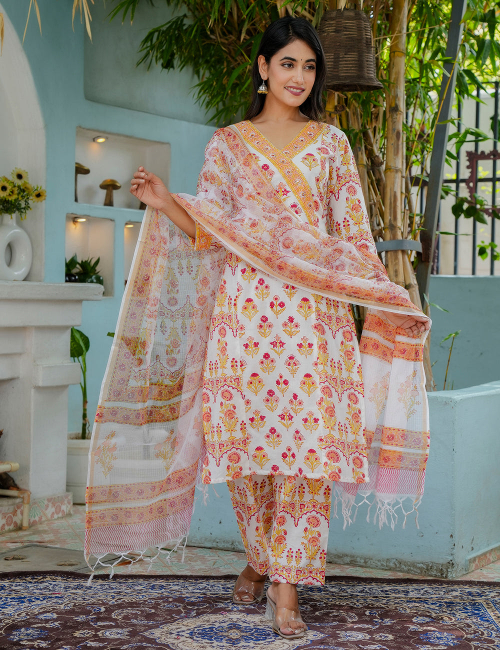 Hand-Block Floral Kurta Set with Kota Doria Dupatta - HL14