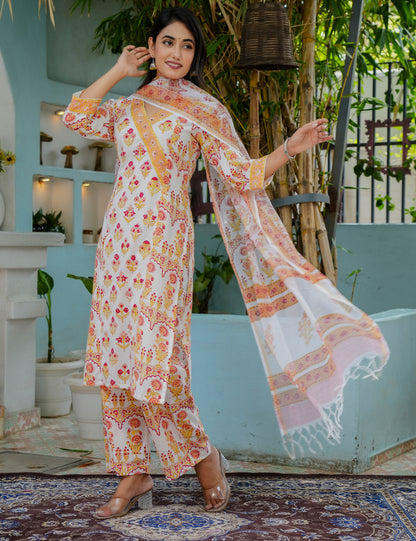 Hand-Block Floral Kurta Set with Kota Doria Dupatta - HL14