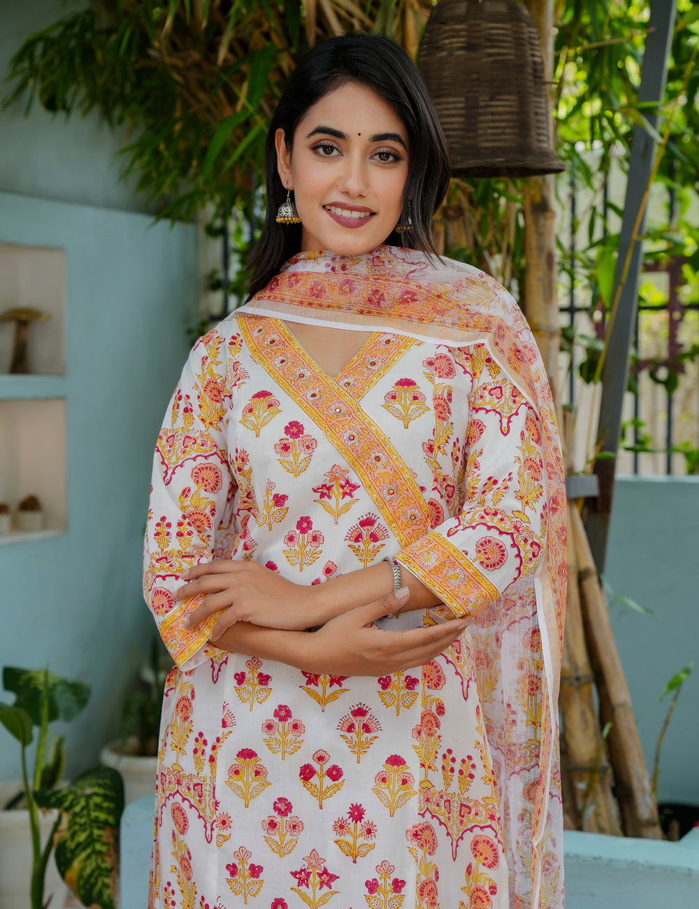 Hand-Block Floral Kurta Set with Kota Doria Dupatta - HL14