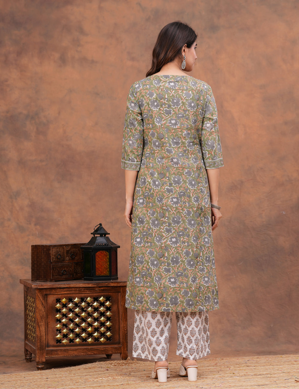 Olive green with muted undertones floral Hand-Block Printed Cotton Kurta Set with Kota Doria Dupatta - HL150