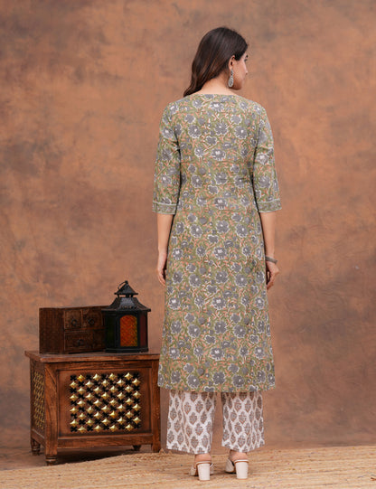 Olive green with muted undertones floral Hand-Block Printed Cotton Kurta Set with Kota Doria Dupatta - HL150
