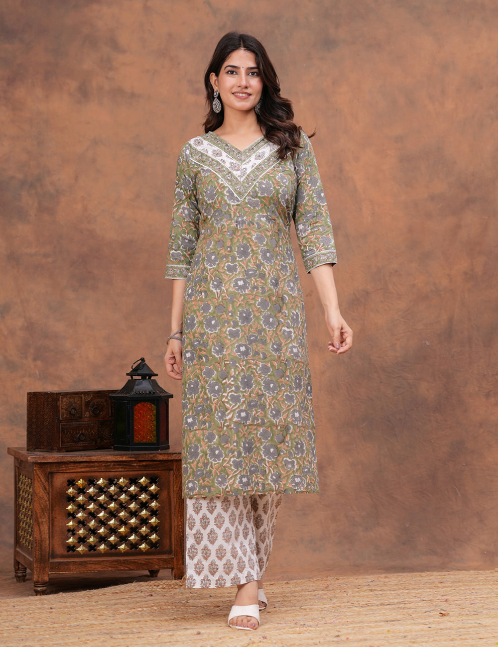 Olive green with muted undertones floral Hand-Block Printed Cotton Kurta Set with Kota Doria Dupatta - HL150