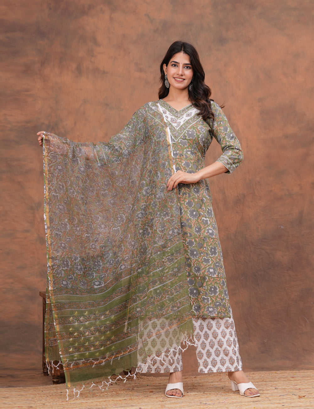 Olive green with muted undertones floral Hand-Block Printed Cotton Kurta Set with Kota Doria Dupatta - HL150