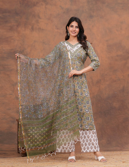 Olive green with muted undertones floral Hand-Block Printed Cotton Kurta Set with Kota Doria Dupatta - HL150