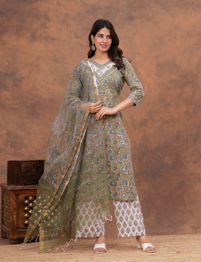 Olive green with muted undertones floral Hand-Block Printed Cotton Kurta Set with Kota Doria Dupatta - HL150