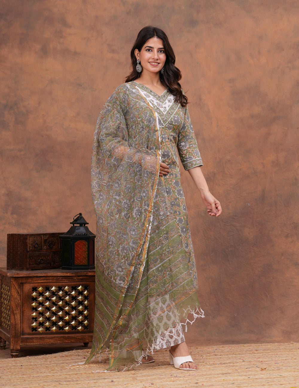 Olive green with muted undertones floral Hand-Block Printed Cotton Kurta Set with Kota Doria Dupatta - HL150