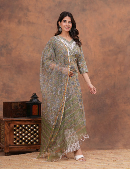 Olive green with muted undertones floral Hand-Block Printed Cotton Kurta Set with Kota Doria Dupatta - HL150
