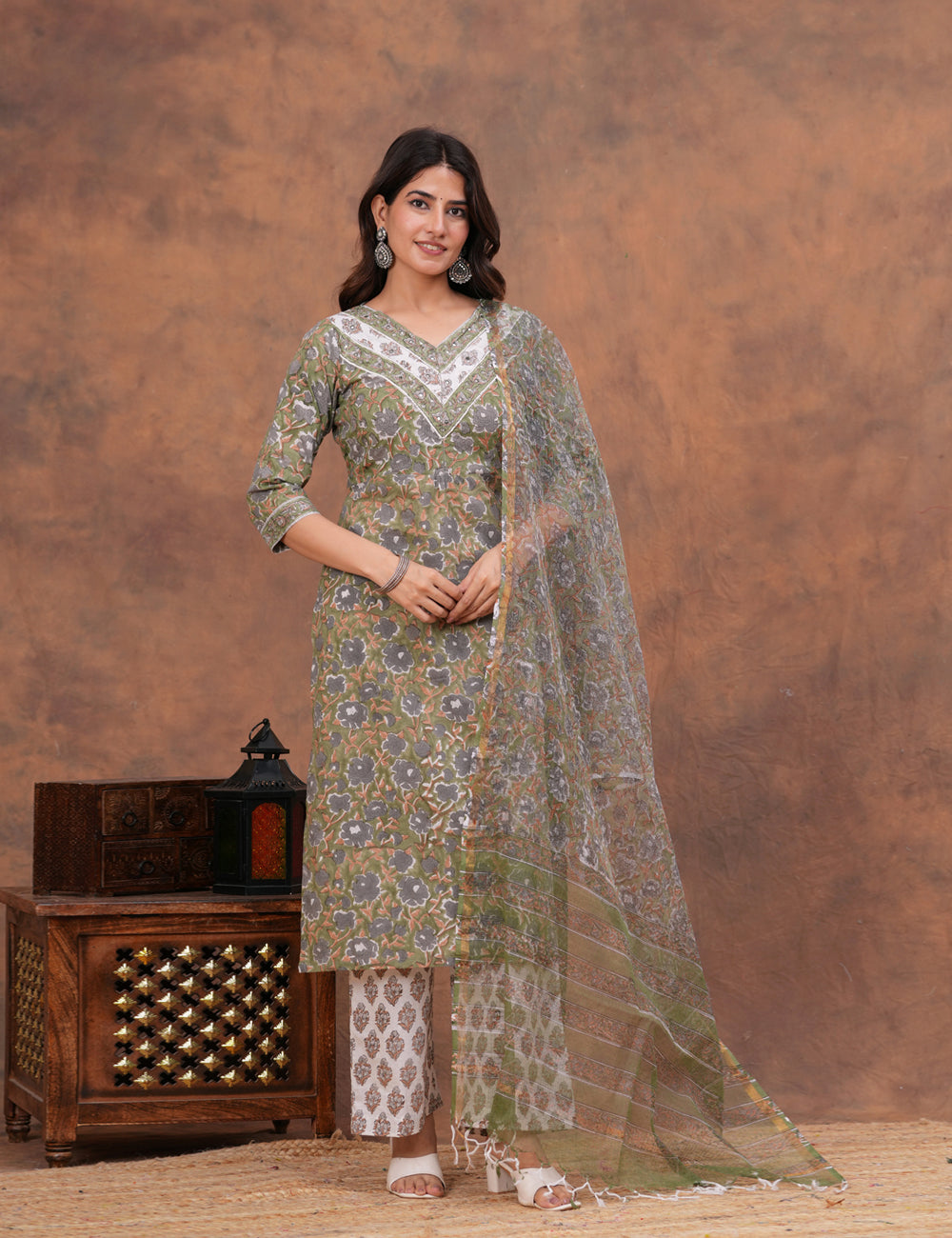 Olive green with muted undertones floral Hand-Block Printed Cotton Kurta Set with Kota Doria Dupatta - HL150