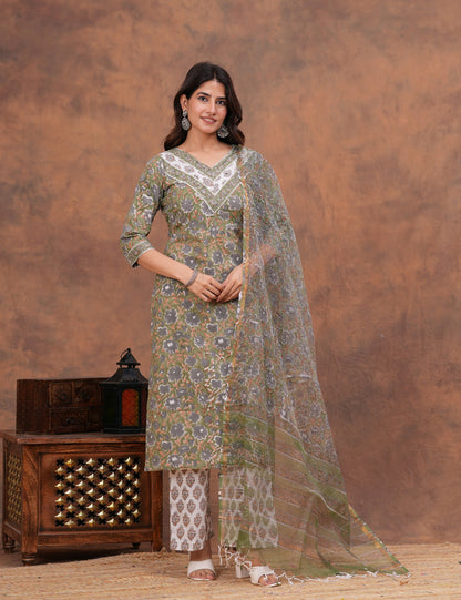 Olive green with muted undertones floral Hand-Block Printed Cotton Kurta Set with Kota Doria Dupatta - HL150