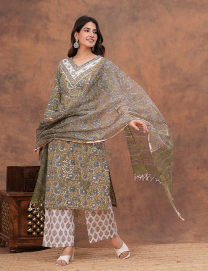 Olive green with muted undertones floral Hand-Block Printed Cotton Kurta Set with Kota Doria Dupatta - HL150