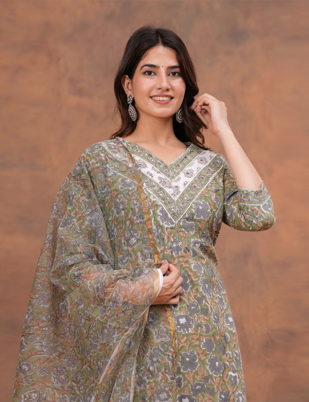 Olive green with muted undertones floral Hand-Block Printed Cotton Kurta Set with Kota Doria Dupatta - HL150