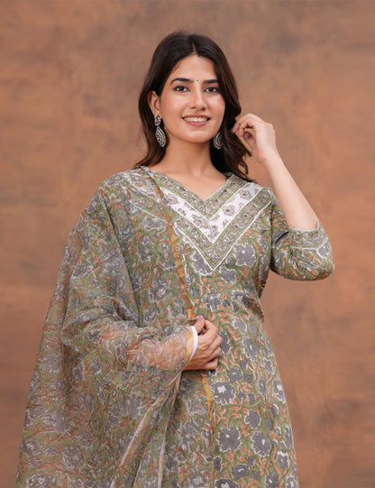 Olive green with muted undertones floral Hand-Block Printed Cotton Kurta Set with Kota Doria Dupatta - HL150