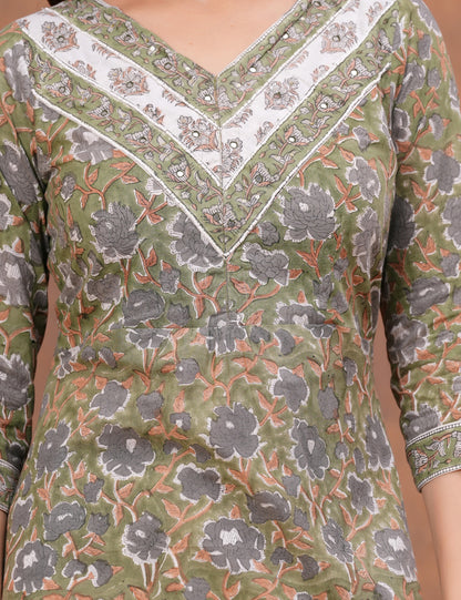 Olive green with muted undertones floral Hand-Block Printed Cotton Kurta Set with Kota Doria Dupatta - HL150