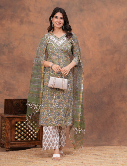 Olive green with muted undertones floral Hand-Block Printed Cotton Kurta Set with Kota Doria Dupatta - HL150
