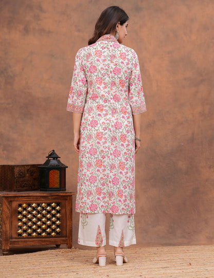 All-over floral print in shades of pink, peach Hand-Block Printed Cotton Kurta Set with Kota Doria Dupatta - HL152