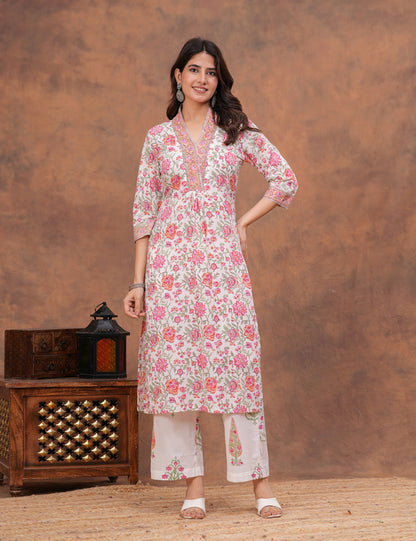 All-over floral print in shades of pink, peach Hand-Block Printed Cotton Kurta Set with Kota Doria Dupatta - HL152