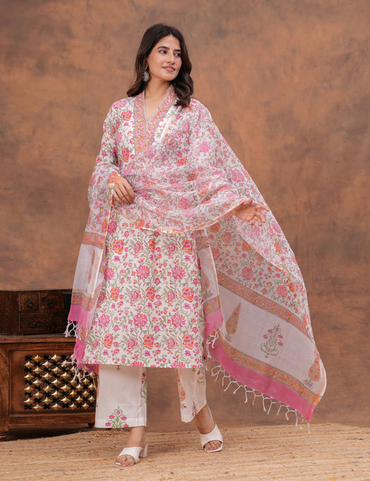 All-over floral print in shades of pink, peach Hand-Block Printed Cotton Kurta Set with Kota Doria Dupatta - HL152