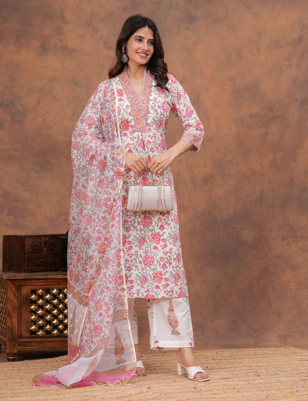 All-over floral print in shades of pink, peach Hand-Block Printed Cotton Kurta Set with Kota Doria Dupatta - HL152