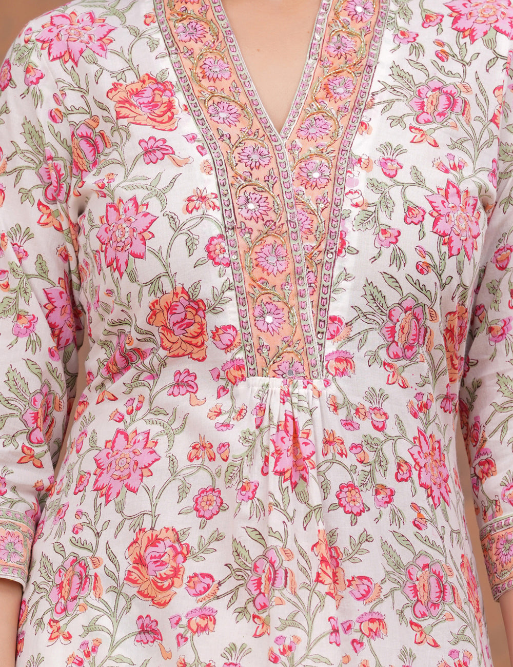 All-over floral print in shades of pink, peach Hand-Block Printed Cotton Kurta Set with Kota Doria Dupatta - HL152