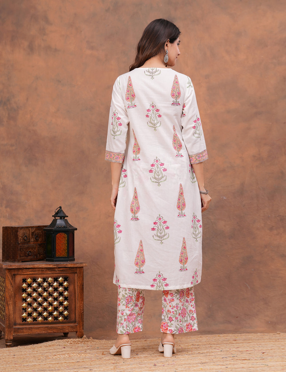 White base floral Hand-Block Printed Cotton Kurta Set with Kota Doria Dupatta - HL154