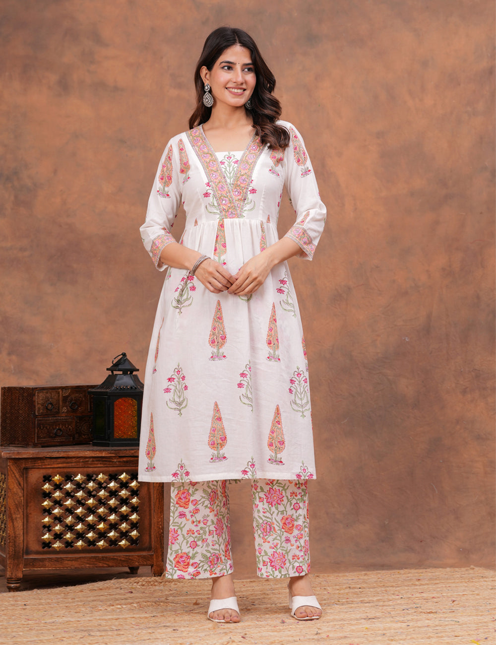 White base floral Hand-Block Printed Cotton Kurta Set with Kota Doria Dupatta - HL154