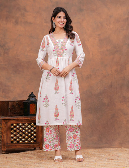 White base floral Hand-Block Printed Cotton Kurta Set with Kota Doria Dupatta - HL154