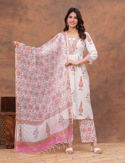 White base floral Hand-Block Printed Cotton Kurta Set with Kota Doria Dupatta - HL154