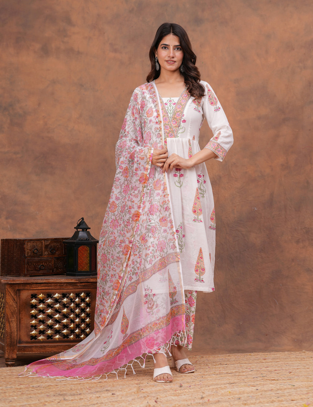 White base floral Hand-Block Printed Cotton Kurta Set with Kota Doria Dupatta - HL154