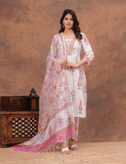 White base floral Hand-Block Printed Cotton Kurta Set with Kota Doria Dupatta - HL154