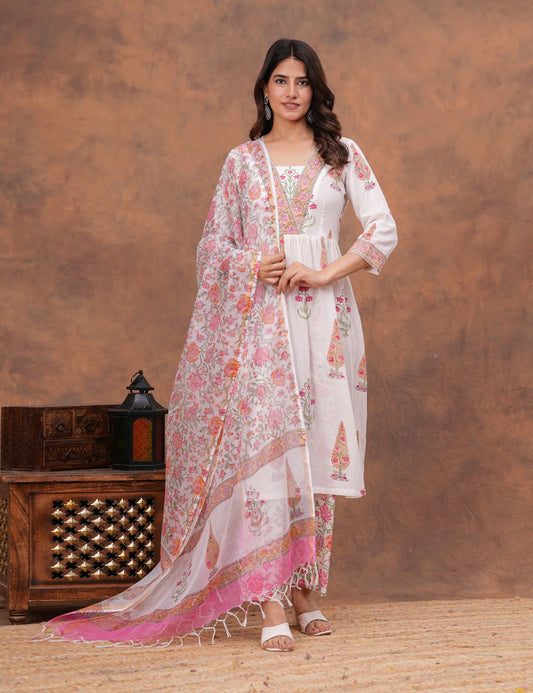 White base floral Hand-Block Printed Cotton Kurta Set with Kota Doria Dupatta - HL154