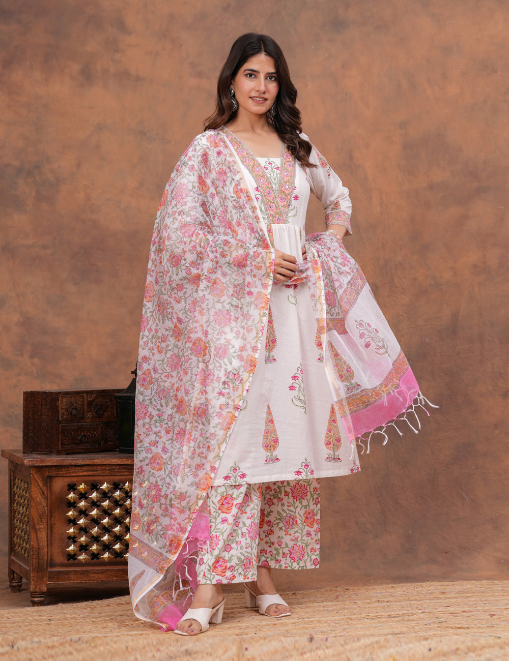 White base floral Hand-Block Printed Cotton Kurta Set with Kota Doria Dupatta - HL154