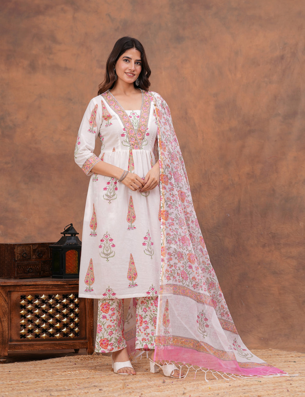 White base floral Hand-Block Printed Cotton Kurta Set with Kota Doria Dupatta - HL154