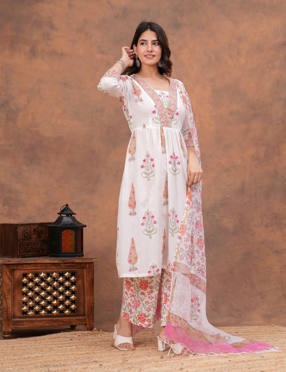 White base floral Hand-Block Printed Cotton Kurta Set with Kota Doria Dupatta - HL154