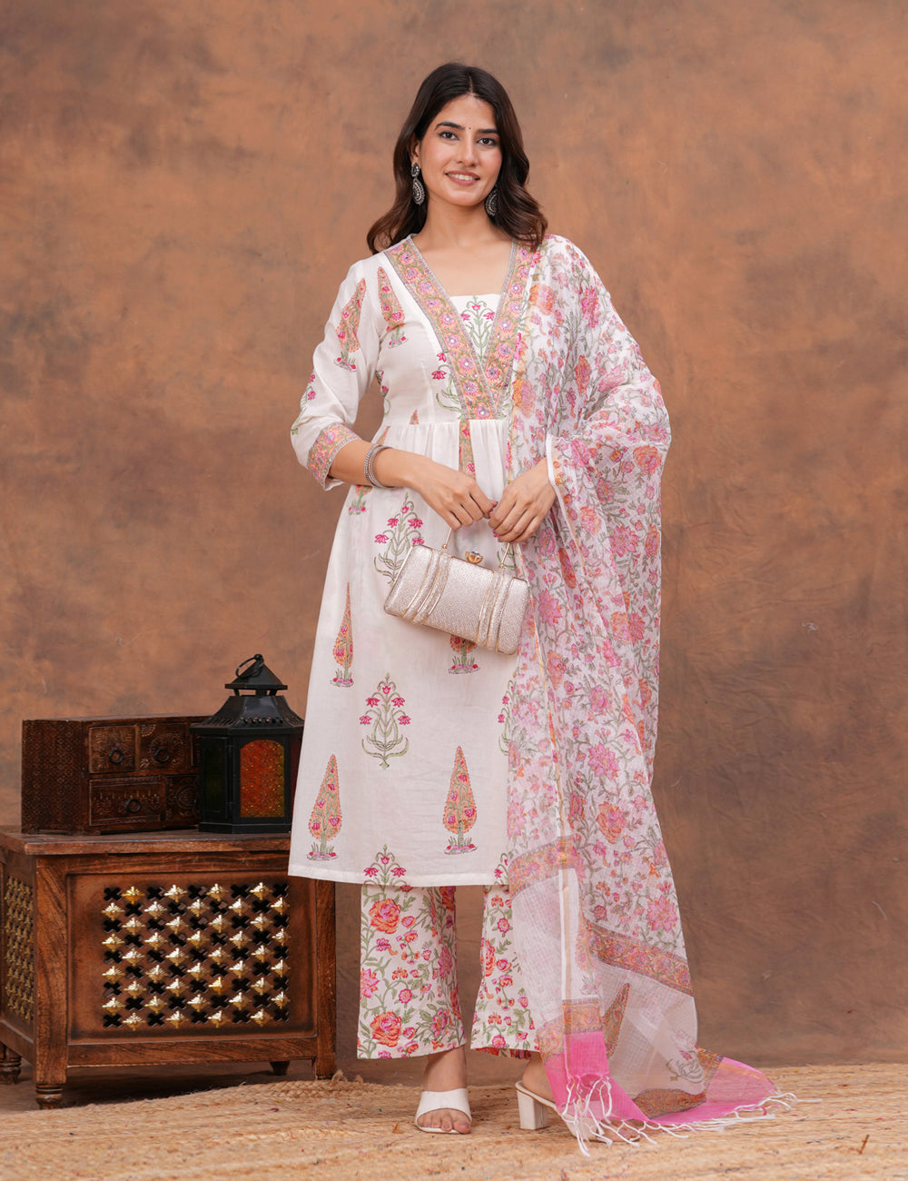 White base floral Hand-Block Printed Cotton Kurta Set with Kota Doria Dupatta - HL154