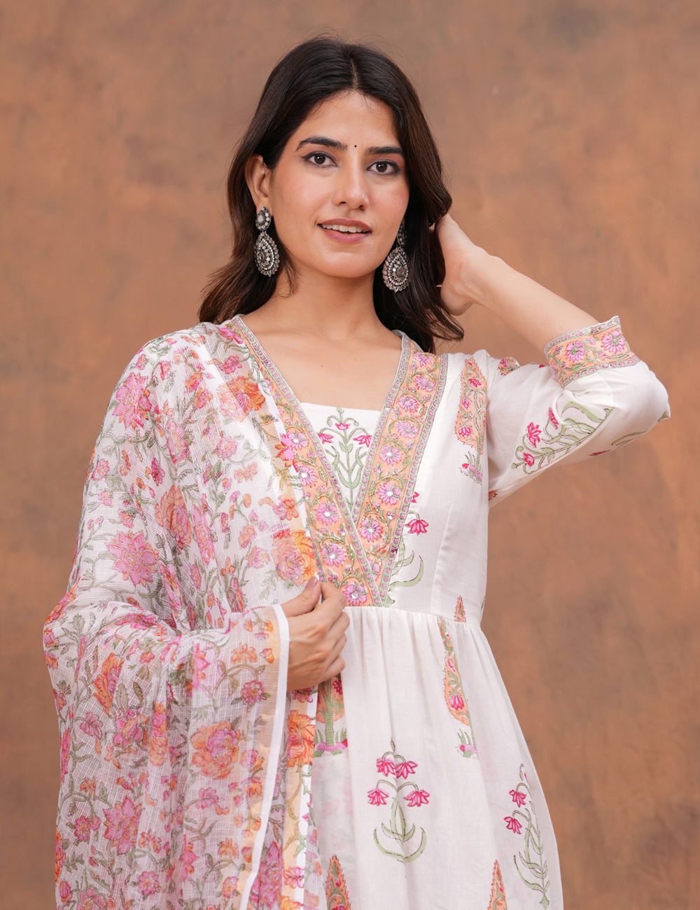 White base floral Hand-Block Printed Cotton Kurta Set with Kota Doria Dupatta - HL154