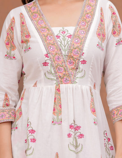 White base floral Hand-Block Printed Cotton Kurta Set with Kota Doria Dupatta - HL154