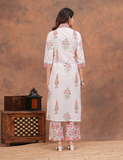 White base floral Hand-Block Printed Cotton Kurta Set with Kota Doria Dupatta - HL156