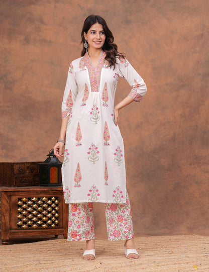 White base floral Hand-Block Printed Cotton Kurta Set with Kota Doria Dupatta - HL156