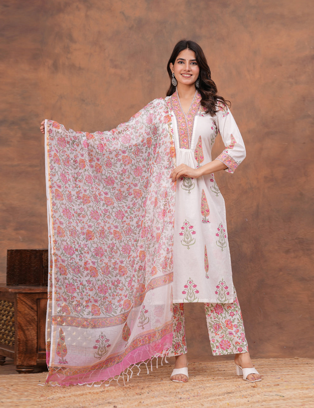 White base floral Hand-Block Printed Cotton Kurta Set with Kota Doria Dupatta - HL156