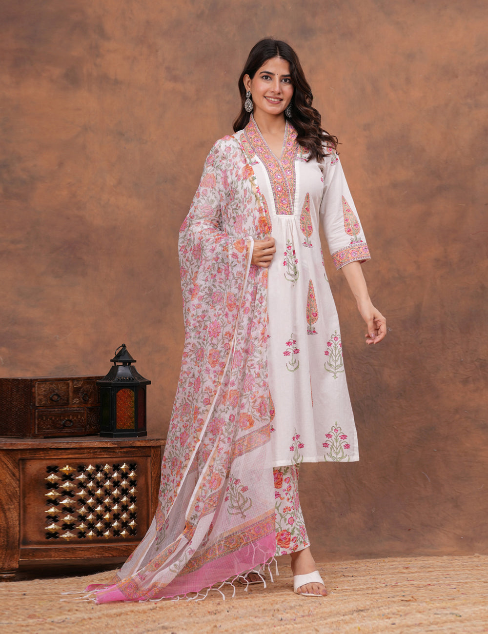 White base floral Hand-Block Printed Cotton Kurta Set with Kota Doria Dupatta - HL156