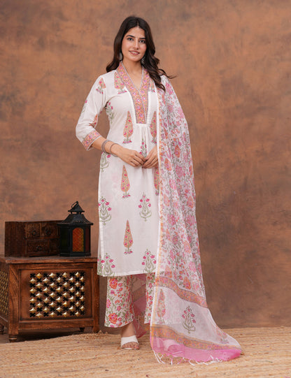 White base floral Hand-Block Printed Cotton Kurta Set with Kota Doria Dupatta - HL156