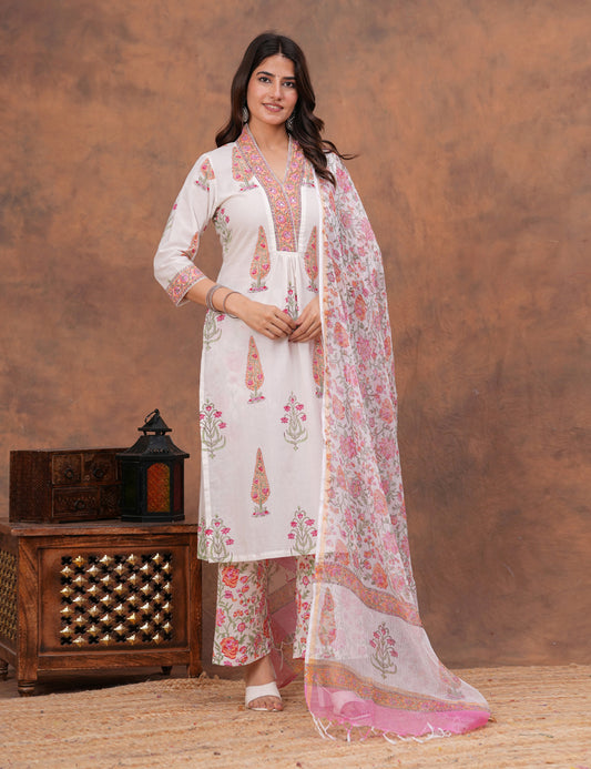 White base floral Hand-Block Printed Cotton Kurta Set with Kota Doria Dupatta - HL156