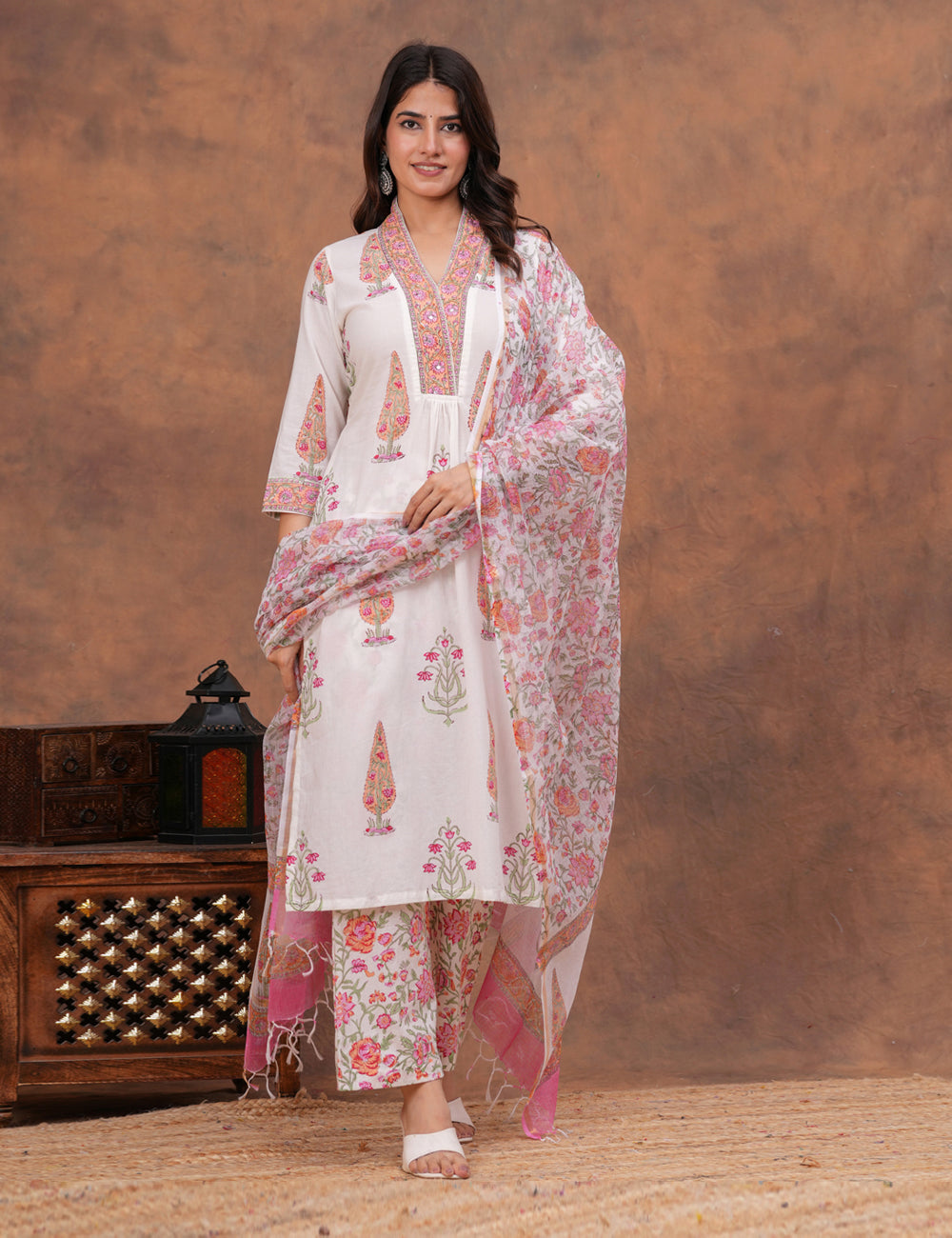 White base floral Hand-Block Printed Cotton Kurta Set with Kota Doria Dupatta - HL156