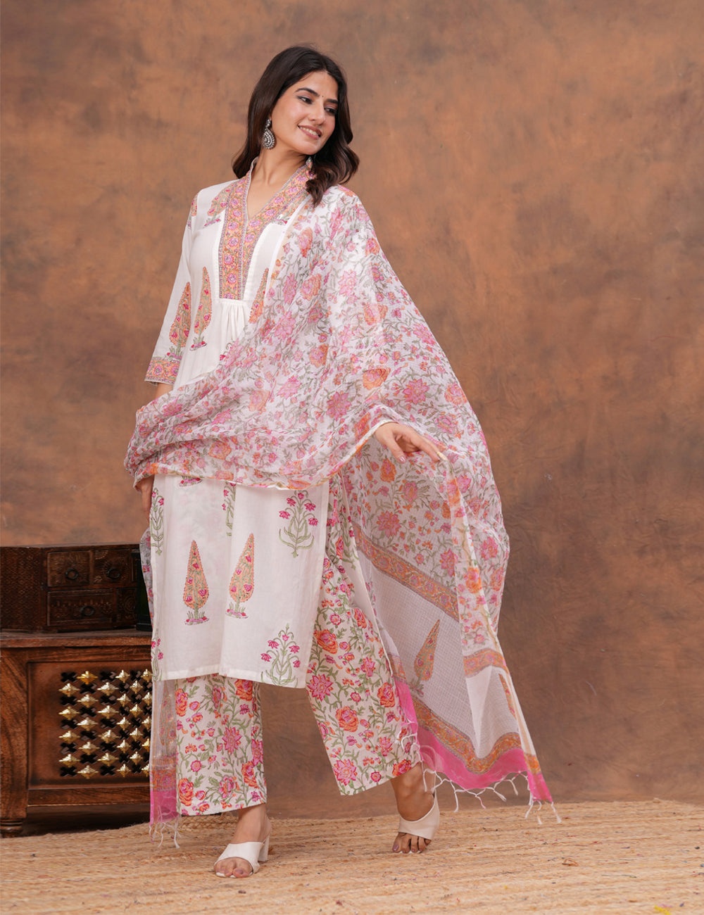 White base floral Hand-Block Printed Cotton Kurta Set with Kota Doria Dupatta - HL156