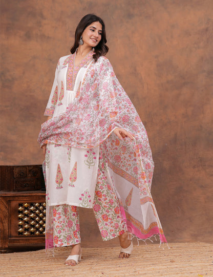 White base floral Hand-Block Printed Cotton Kurta Set with Kota Doria Dupatta - HL156
