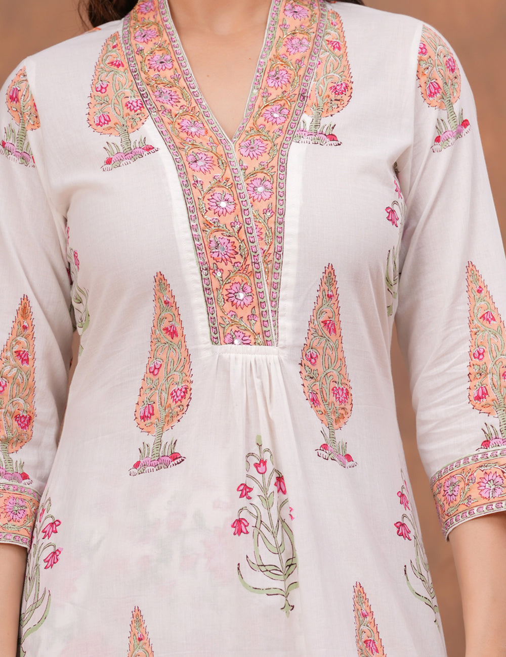 White base floral Hand-Block Printed Cotton Kurta Set with Kota Doria Dupatta - HL156