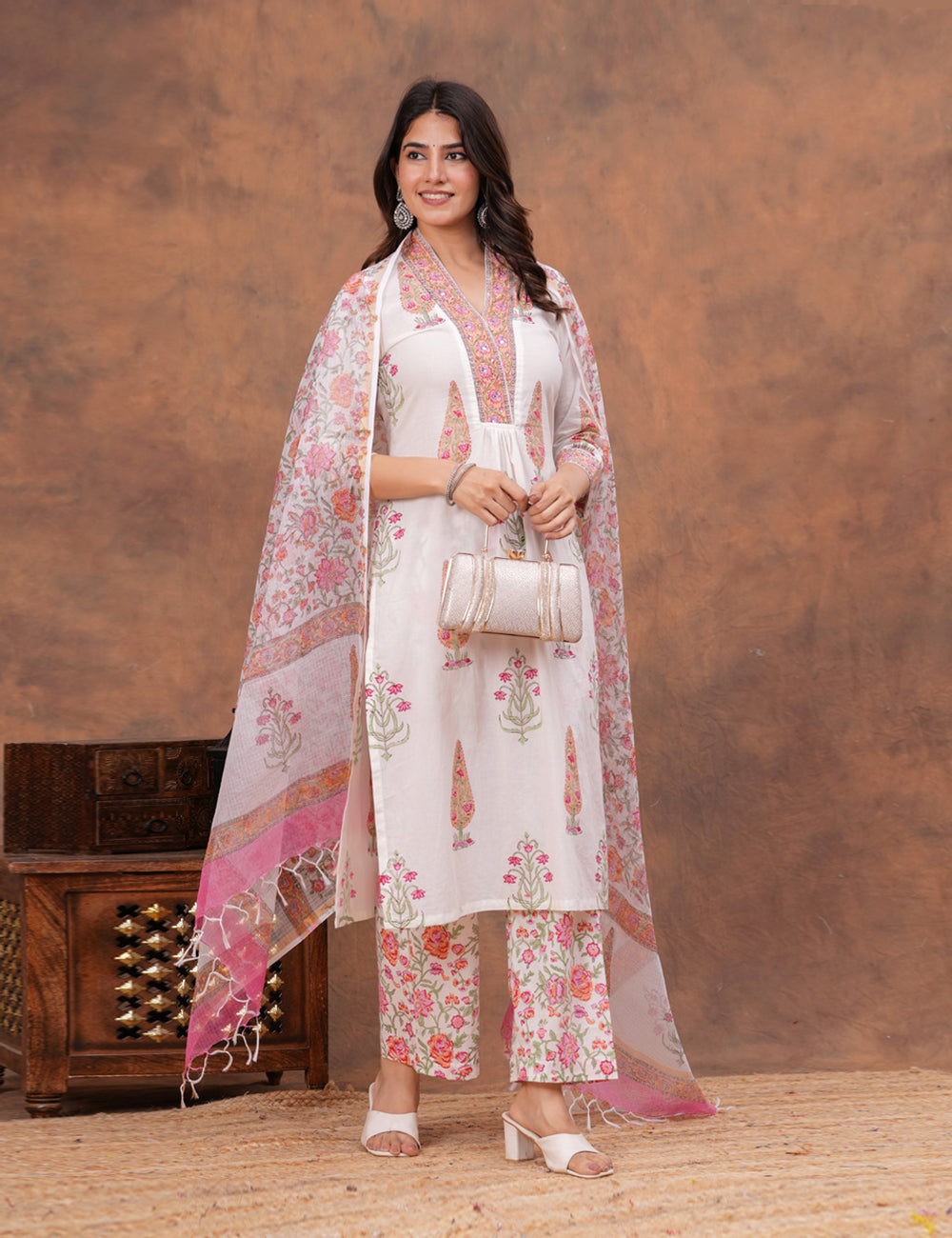 White base floral Hand-Block Printed Cotton Kurta Set with Kota Doria Dupatta - HL156