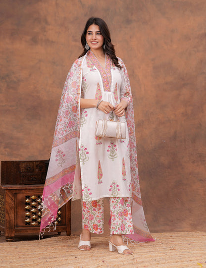 White base floral Hand-Block Printed Cotton Kurta Set with Kota Doria Dupatta - HL156