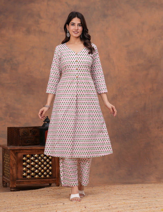 Floral buta motifs Hand-Block Printed A-Line Kurta Set - HL157