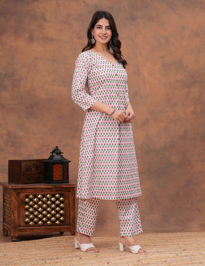Floral buta motifs Hand-Block Printed A-Line Kurta Set - HL157
